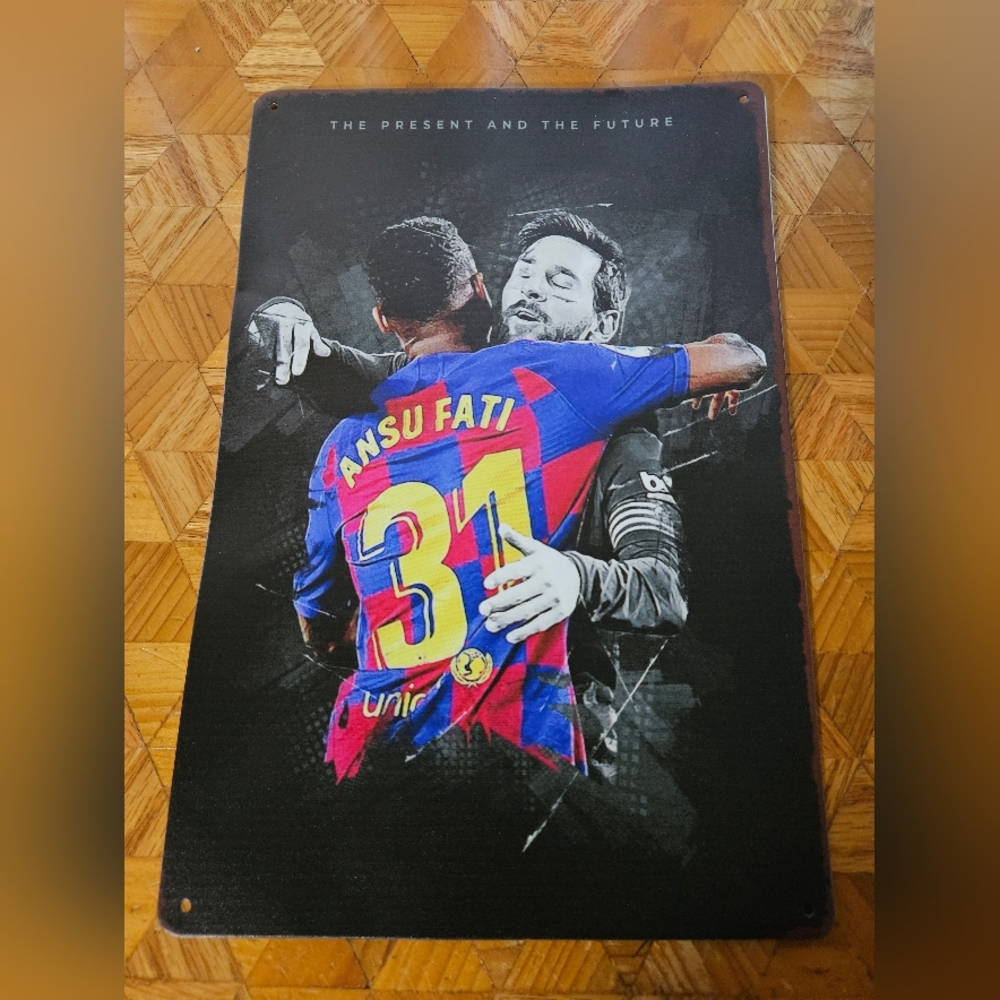 Tin Sign Messi & Ansu Fati Barcalona Wall Decor Aluminum Metal Poster 12x8" RARE